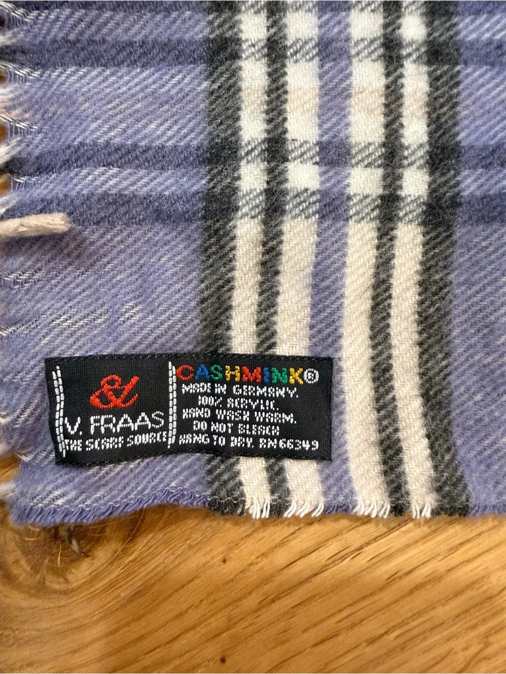 V. FRAAS Lavender, Cream and Black Plaid Fringe Scarf